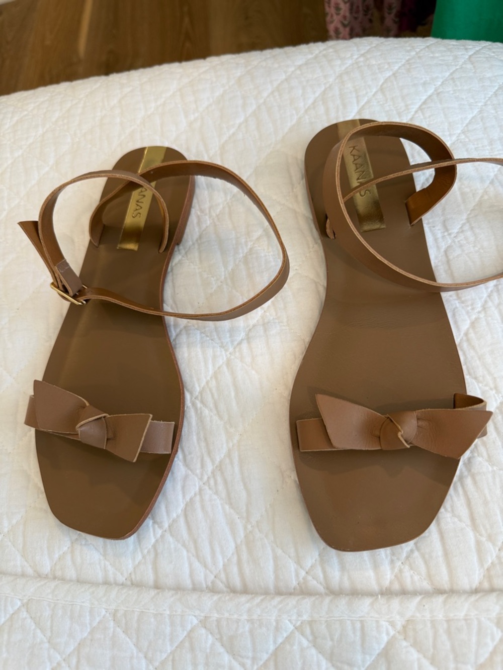 Kaanas Brown Leather Bow Ankle-Strap Sandals